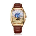 Montre automatique SEWOR tonneau de luxe avec cadran tête de mort doré squelette - Bracelet Marron Boîtier Doré Cadran Doré