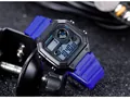 Detailansicht der SAMDA quadratischen Digital-Sportuhr mit blauem Silikonarmband - Schwarz Blau