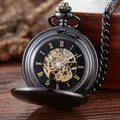 Montre à gousset mécanique vintage noire avec mouvement squelette doré et chiffres romains - Boîtier Noir Cadran Noir Mouvement Or (pm240)