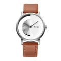 TOMI minimalist quartz watch with hollow half-transparent dial and brown leather strap - Silver Case Brown Strap White Dial