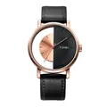 TOMI unisex fashion quartz watch featuring half-skeleton dial and black leather strap - Black & Brown Dial Black Strap