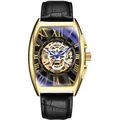 Montre mécanique tonneau en or avec bracelet en cuir noir et cadran squelette crâne - Bracelet Noir Boîtier Doré Cadran Noir