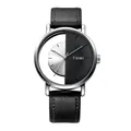 TOMI minimalist black leather strap quartz watch with unique hollow split dial design - Black & White Dial Black Strap
