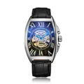 Montre mécanique SEWOR pour homme avec cadran squelette tête de mort et boîtier tonneau. - Bracelet Noir Boîtier Argent Cadran Noir