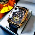 Montre mécanique automatique AOKULASIC pour homme avec boîtier carré et bracelet en cuir - Bracelet Noir Boîtier Or Rose Cadran Noir