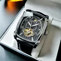 Montre automatique Aokulasic pour homme avec cadran carré squelette et bracelet en cuir - Bracelet Noir Boîtier Argent Cadran Noir