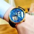 Montre mécanique automatique de luxe pour homme avec cadran bleu et bracelet en cuir véritable - Bracelet en cuir véritable / Bracelet Noir Boîtier Doré Cadran Bleu