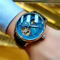 Montre automatique élégante pour homme avec cadran bleu et bracelet en cuir noir - Bracelet en cuir véritable / Bracelet Noir Boîtier Argent Cadran Bleu