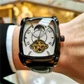 Montre automatique AOKULASIC tonneau pour homme avec boîtier noir et bracelet en cuir noir - Bracelet Noir Boîtier Noir Cadran Blanc