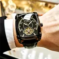 Montre mécanique automatique squelette noire de luxe avec bracelet en cuir véritable et lune - Bracelet Noir Boîtier Noir Cadran Noir