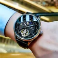Montre mécanique automatique professionnelle avec affichage soleil-lune et bracelet cuir noir - Bracelet en cuir véritable / Bracelet Noir Boîtier Argent Cadran Noir