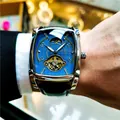 Montre mécanique automatique de luxe de forme tonneau avec cadran bleu et bracelet cuir - Bracelet Noir Boîtier Argent Cadran Bleu