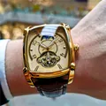 Montre mécanique automatique carrée dorée de luxe avec bracelet en cuir marron - Bracelet Marron Boîtier Doré Cadran Doré