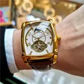 Montre mécanique automatique luxe homme boîtier carré doré bracelet cuir marron - Bracelet Marron Boîtier Doré Cadran Blanc