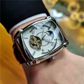 Montre automatique squelette carrée de luxe pour homme avec bracelet en cuir brun - Bracelet Marron Boîtier Argent Cadran Blanc