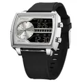 Montre à quartz électronique pour hommes à double affichage avec boîtier carré argent. - Série 6163 Bracelet en Silicone / Noir Argent