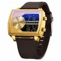 Montre à quartz SAMDA pour hommes à double affichage avec boîtier doré et bracelet brun - Série 6163 Bracelet en Silicone / Or Café (Cadran Doré)