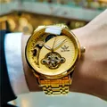 Montre automatique de luxe SEWOR pour hommes avec cadran tourbillon squelette doré - Bracelet en Acier Tout Or / Cadran Or Or