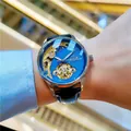 Montre automatique SEWOR pour homme avec cadran bleu squelette et bracelet en cuir noir. - Boîtier Argenté Bracelet en Cuir Noir / Bleu