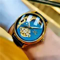 Montre squelette automatique SEWOR pour homme avec cadran bleu et boîtier doré de luxe - Boîtier Doré Bracelet en Cuir Noir / Bleu