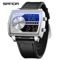 Montre à quartz Sanda pour homme à double affichage avec bracelet en cuir noir carré - Série 6163 Bracelet en Cuir / Noir Argent