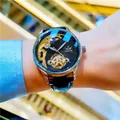 Montre mécanique automatique SEWOR pour homme avec tourbillon squelette et bracelet cuir - Boîtier Argenté Bracelet en Cuir Noir / Noir