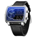Montre à quartz Sanda pour homme, double affichage, cadran bleu et bracelet en cuir - Série 6163 Bracelet en Cuir / Bleu Noir