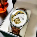 Montre mécanique automatique squelette SEWOR pour hommes avec bracelet en cuir brun - Boîtier Argenté Bracelet en Cuir Marron / Blanc
