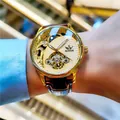Montre automatique SEWOR pour homme squelette avec boîtier doré et bracelet cuir marron - Boîtier Doré Bracelet en Cuir Marron / Or