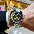 Montre automatique SEWOR pour homme, bracelet argenté et cadran squelette doré - Bracelet en Acier Inoxydable Argent / Bracelet Argent Cadran Noir