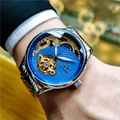 Montre mécanique SEWOR pour homme avec cadran squelette bleu et bracelet en acier - Bracelet en Acier Inoxydable Argent / Argent Cadran Bleu