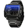 Montre SAMDA pour homme à double affichage en acier inoxydable noir avec cadran bleu - Série 6163 Bracelet en Acier Inoxydable / Noir