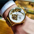Montre squelette mécanique automatique dorée de luxe pour homme SEWOR avec cadran tourbillon - Bracelet en Acier Tout Or / Cadran Blanc Or