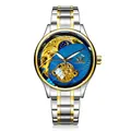 Montre automatique SEWOR pour homme, cadran squelette bleu et or, bracelet bicolore - Bracelet en Acier Bicolore Or / Bicolore Cadran Bleu