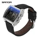 Montre à quartz SAMDA pour hommes à double affichage avec bracelet en cuir noir et cadran argent - Série 6238 Bracelet en Cuir / Noir Argent