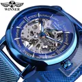 Montre mécanique squelette de luxe Winner pour homme avec bracelet en maille bleue - Boîtier Bleu Cadran Bleu