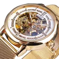 Montre mécanique squelette dorée pour homme avec un bracelet en maille métallique - Boîtier Or Cadran Blanc