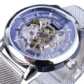 Montre mécanique squelette Winner pour homme avec cadran bleu et bracelet maille - Boîtier Argenté Cadran Bleu