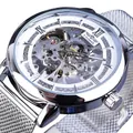 Montre mécanique squelette pour homme avec bracelet en maille argentée et mouvement - Boîtier Argenté Cadran Blanc