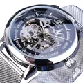 Montre mécanique squelette Winner pour homme avec bracelet en acier maille argentée - Boîtier Argenté Cadran Noir