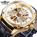Montre mécanique automatique T-WINNER pour hommes avec cadran squelette et cuir - Cadran Blanc Boîtier Or Bracelet Noir