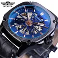 Montre automatique squelette T-WINNER pour hommes avec cadran bleu et bracelet cuir - Cadran Bleu Boîtier Noir Bracelet Noir