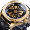 Montre automatique T-WINNER pour hommes avec cadran squelette doré et bracelet en cuir noir. - Cadran Noir Boîtier Doré Bracelet Noir