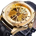 Montre mécanique automatique T-WINNER pour homme avec cadran squelette doré et cuir - Cadran Doré Boîtier Doré Bracelet Noir