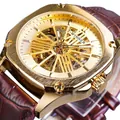 Montre automatique dorée pour homme avec cadran squelette et bracelet en cuir - Cadran Doré Boîtier Doré Bracelet Marron