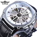 Montre squelette automatique T-WINNER pour hommes avec bracelet en cuir noir - Cadran Blanc Boîtier Argent Bracelet Noir