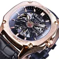 Montre automatique T-WINNER squelette pour homme avec boîtier or rose et bracelet cuir noir - Cadran Noir Boîtier Or Rose Bracelet Noir
