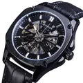 Montre automatique squelette noire pour homme avec bracelet en cuir véritable - Cadran Noir Boîtier Noir Bracelet Noir