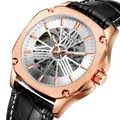 Montre mécanique automatique T-WINNER avec bracelet en cuir noir et boîtier or rose - Cadran Blanc Boîtier Or Rose Bracelet Noir