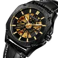 Montre squelette automatique de luxe pour homme avec bracelet en cuir noir T-WINNER - Cœur Doré Aiguilles Dorées Boîtier Noir Bracelet Noir